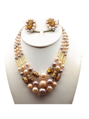 Vintage Beaded Parure, Triple Strand Necklace and Clip-On Earrings with Faux Pea